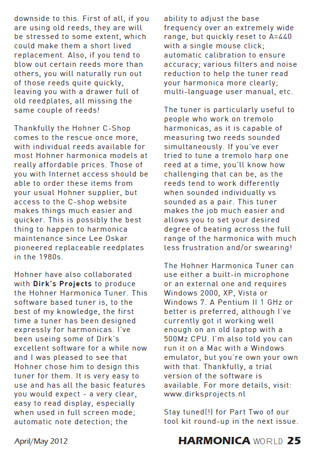 HOHNER Harmonica Tuner - Harmonica World Magazine - 25 (By Pat Missin)