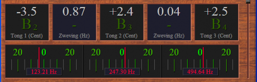 De gemeten fouten van de tongen worden in getalvorm en met behulp van de rode naalden weergegeven