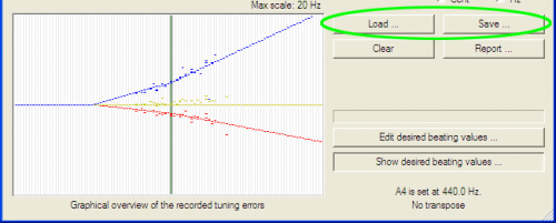 Use the button 'Save…' to store the recorded tuning and the button 'Load…' to load a previously stored tuning