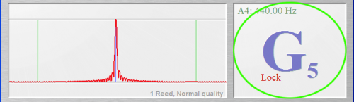 The detected tone is shown as a character with an octave number and if applicable a sharp sign in the tone window of the tuner (bottom right).