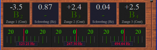 Die ermittelten Stimmfehler der Stimmzungen werden numerisch und mit den roten Zeigern angezeigt